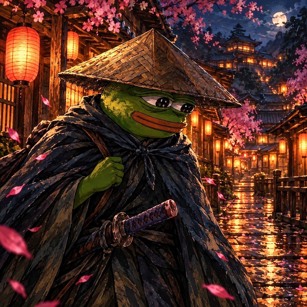Frog samurai walking through a lantern-lit village at night