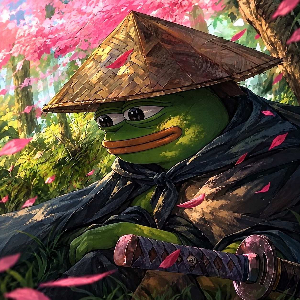 Green frog samurai wearing a straw hat beneath pink cherry blossoms